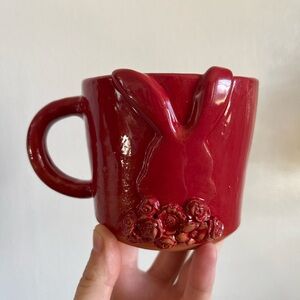 Handmade Ceramic Red Bunny Mug with Rose Detail